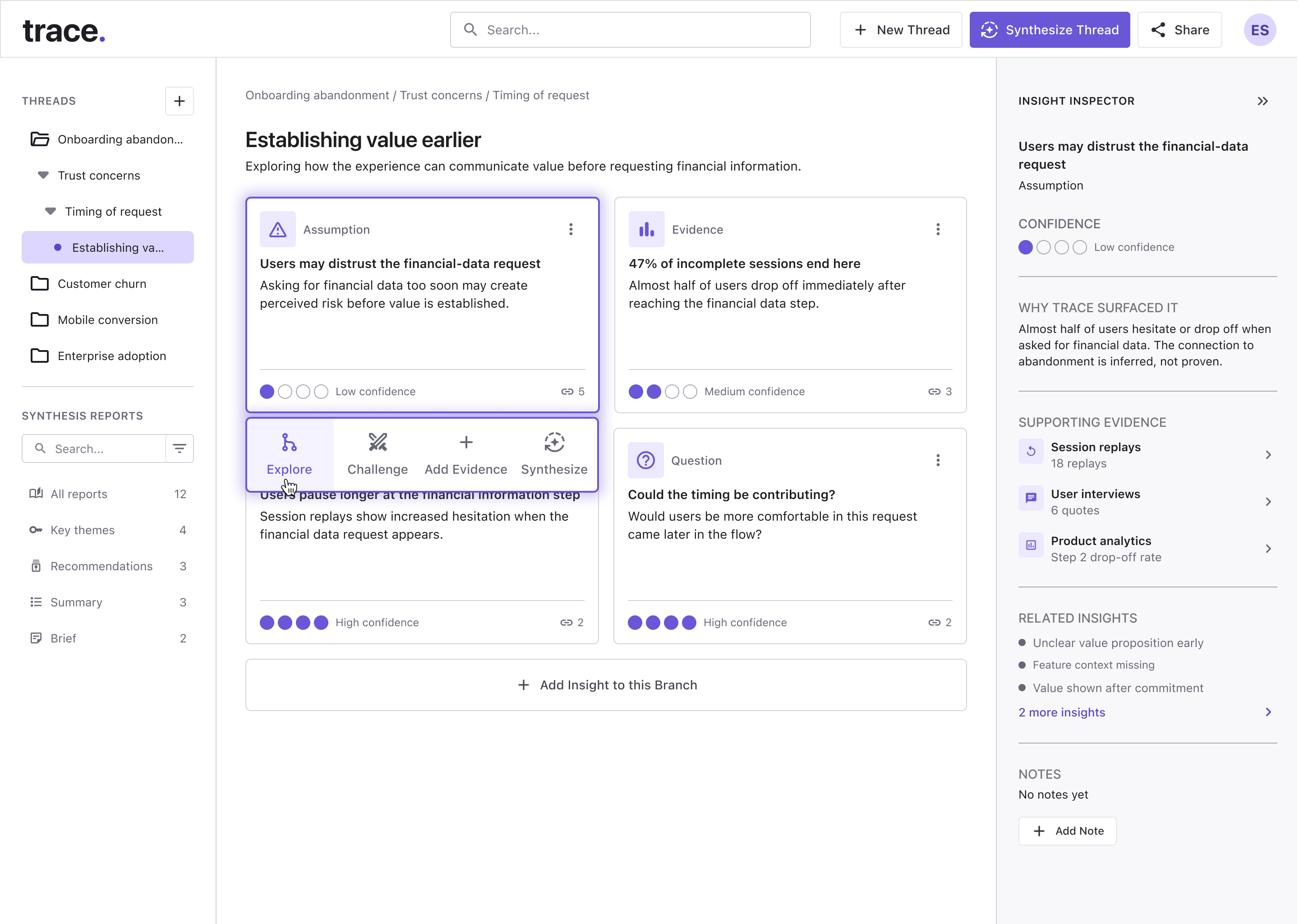 Trace branching exploration workspace with the branch hierarchy, a selected assumption card with Explore highlighted, and an Insight Inspector showing supporting evidence and related insights.