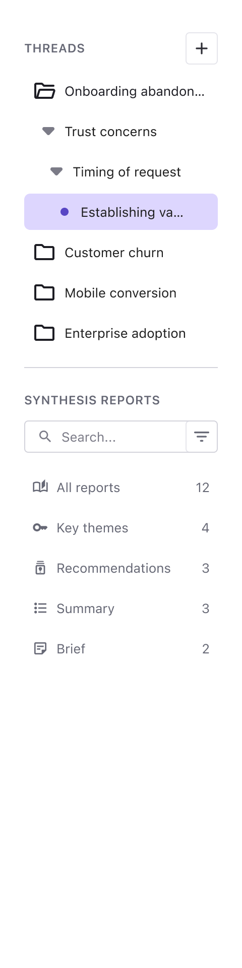 Trace sidebar showing nested research branches and synthesis reports.