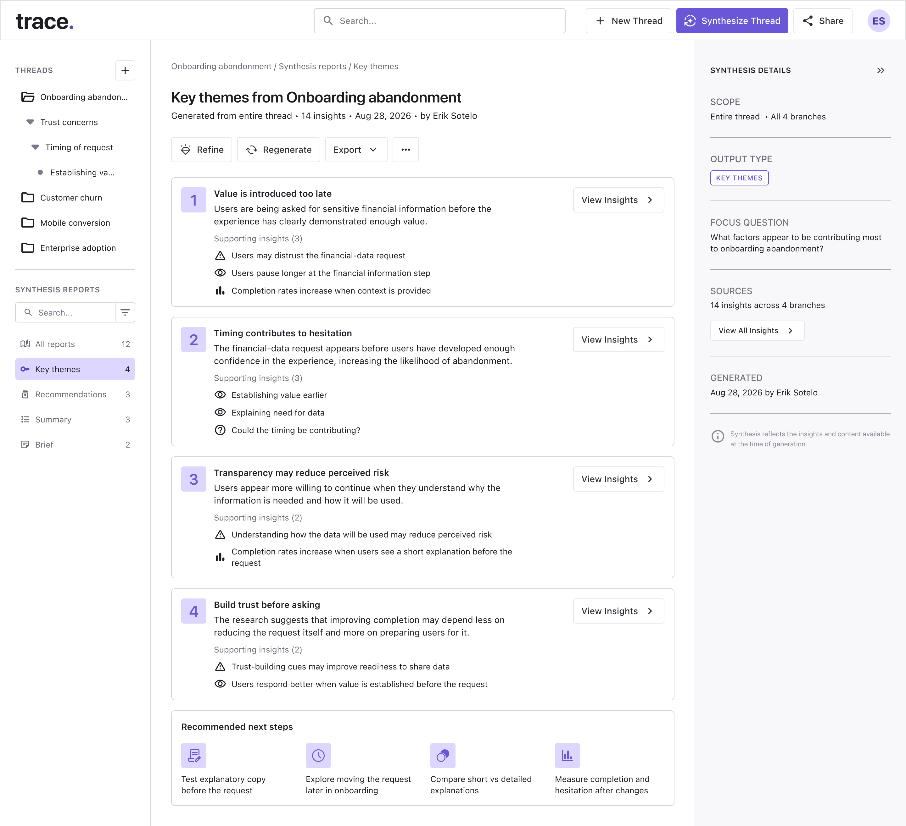 Generated synthesis report: key themes from onboarding abandonment, supporting insights, and recommended next steps.